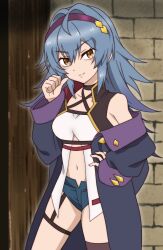  blue_hair breasts brown_eyes brown_thighhighs closed_mouth eyebrows_hidden_by_hair female hair_between_eyes hair_intakes hairband hand_on_own_hip jacket katainaka_no_ossan_kensei_ni_naru long_hair looking_at_viewer mewi_freya navel onomekaman pointing pointing_at_self purple_hairband purple_jacket shirt short_shorts shorts small_breasts smile solo stomach thigh_strap thighhighs white_shirt 