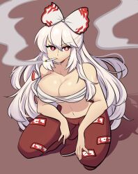  absurdres bow breasts brown_background chest_sarashi cigarette female fujiwara_no_mokou full_body hairbow highres large_breasts long_hair looking_at_viewer missandydandy multiple_hair_bows navel no_shirt pants red_eyes red_pants red_shoes sarashi shoes smoke smoking solo squatting touhou very_long_hair white_bow white_hair 