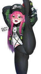  absurdres baseball_cap black_hat black_leggings black_survival chakkab character_request eternal_return:_black_survival green_eyes green_jacket hat highres jacket korean_text leggings long_hair looking_at_viewer pink_hair simple_background translation_request white_background 