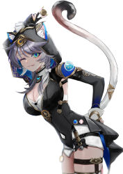  87npyo ;) animal_ear_fluff animal_ears animal_hood belt black_gloves black_leotard blue_eyes breasts cat_ears cat_girl cat_hood cat_tail cipher_(honkai:_star_rail) coin female fingerless_gloves gloves grey_hair hashtag-only_commentary highres holding holding_coin honkai:_star_rail honkai_(series) hood hooded_leotard large_breasts leotard one_eye_closed short_hair_with_long_locks shorts simple_background smile solo tail thigh_belt thigh_strap thighs white_background white_shorts 