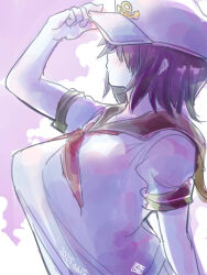  adjusting_clothes adjusting_headwear anchor_symbol black_hair blush breasts closed_mouth colored_skin commentary_request cookie_(touhou) dated expressionless female hair_over_eyes hat highres itini-sanshi large_breasts looking_afar milk_(cookie) murasa_minamitsu neckerchief purple_background red_neckerchief shirt short_hair short_sleeves solo touhou upper_body white_hat white_shirt white_skin 