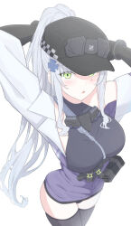  absurdres baseball_cap black_gloves black_hat black_thighhighs blue_hair blush breasts cowboy_shot female girls&#039;_frontline girls&#039;_frontline_2:_exilium gloves green_eyes hat high_ponytail highres hk416_(girls&#039;_frontline) jacket klukai_(girls&#039;_frontline_2) large_breasts long_hair looking_at_viewer multicolored_jacket off_shoulder open_mouth partially_unzipped ponytail purple_jacket simple_background teardrop_facial_mark thighhighs uchikata_takeaki white_background 