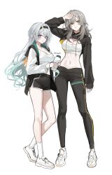  2girls absurdres alternate_costume aqua_hair black_hairband black_jacket black_pants black_shorts black_shrug breasts cleavage dolphin_shorts firefly_(honkai:_star_rail) full_body gradient_hair grey_hair hairband highres honkai:_star_rail honkai_(series) jacket long_hair medium_breasts meoyo multicolored_hair multicolored_jacket multiple_girls open_clothes open_jacket pants purple_eyes shoes shorts shrug_(clothing) simple_background socks sports_bra stelle_(honkai:_star_rail) trailblazer_(honkai:_star_rail) two-tone_jacket unfinished white_background white_jacket white_shoes white_socks white_sports_bra yellow_eyes 