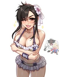  2boys aroused_nosebleed artist_name barret_wallace barret_wallace_(junon_naval_crew) black_hair blonde_hair blood blush blushyspicy breasts cleavage cloud_strife cloud_strife_(ocean_chocobo) commentary english_commentary female final_fantasy final_fantasy_vii final_fantasy_vii_remake highres large_breasts long_hair looking_at_viewer multiple_boys navel nosebleed red_eyes skirt smile spiked_hair tifa_lockhart tifa_lockhart_(shining_spirit) 