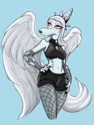  2024 3:4 alternate_costume anthro armwear biped black_lipstick blue_background blue_body blue_scales bone bone_frill bottomwear breasts claws clothed clothed_anthro clothed_female clothing collar colored eyeshadow fang_(gvh) feathered_wings feathers female finger_claws fingers fishnet_armwear fishnet_clothing fishnet_leggings fishnet_legwear frill_(anatomy) front_view goodbye_volcano_high grey_body grey_feathers grey_hair hair hand_on_hip happy head_turned hi_res hotpants humanoid_hands jewelry kaewhy leggings legwear lipstick long_hair looking_aside low-angle_view makeup markings medium_breasts midriff navel necklace non-mammal_breasts orange_eyes portrait pose prehistoric_species pterodactylus pterosaur reptile scales scalie shorts simple_background skull small_waist smile solo spiked_collar spikes striped_markings stripes three-quarter_portrait torn_armwear torn_clothing wings 