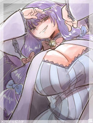  alternate_breast_size arms_up black_eyes blue_bow blunt_bangs blush bow breasts cigarette cleavage commentary_request cookie_(touhou) dress female grey_dress grin hairbow highres holding holding_cigarette huge_breasts itini-sanshi long_hair looking_at_viewer multiple_hair_bows patchouli_knowledge purple_hair red_bow shaded_face sharp_teeth smile solo striped_clothes striped_dress taisa_(cookie) teeth touhou upper_body vertical-striped_clothes vertical-striped_dress very_long_hair 