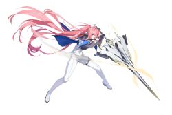  ahoge aiguillette alpha_transparency argyle_cutout ass_visible_through_thighs black_gloves blue_cape blue_eyes bodysuit bow cape cape_hold clothing_cutout counter:side covered_navel cropped_jacket crossed_legs energy english_commentary epaulettes esterosa_de_chevalier female floating_cape floating_hair full_body gloves gold_trim hair_ornament hair_over_one_eye half_gloves head_tilt highres holding holding_sword holding_weapon long_hair looking_at_viewer official_alternate_hairstyle official_art open_mouth pink_hair ponytail purple_bow single_half_glove skindentation solo standing sword tachi-e thigh_strap transparent_background v-shaped_eyebrows very_long_hair watson_cross weapon white_bodysuit 