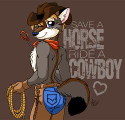  2013 anthro ass black_nose black_tail_tip blonde_hair blue_bottomwear blue_clothing blue_eyes blue_jeans blue_pants bottomwear brown_background brown_body brown_clothing brown_fur brown_hat brown_headwear canid canine canis cattle_prod cel_shading chaps clothed clothing cowboy cowboy_hat denim denim_bottomwear denim_clothing digital_drawing_(artwork) digital_media_(artwork) dipstick_tail english_text fur grey_body grey_fur grey_text hair hat headgear headwear heart_symbol holding_cattle_prod holding_object holding_rope inner_ear_fluff innuendo jeans kerchief looking_at_viewer looking_back looking_back_at_viewer male mammal markings michele_light neckerchief neckwear orange_kerchief orange_neckerchief pants rear_view rope shaded short_hair simple_background smile snout solo standing tail tail_markings text topless tuft white_body white_fur white_inner_ear_fluff wolf 