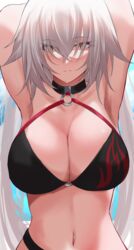  1girls armpits arms_behind_head belly_button bellybutton big_breasts bra breasts cleavage fate/grand_order fate_(series) jeanne_alter jeanne_alter_(swimsuit_berserker) jeanne_d&#039;arc_(fate) large_breasts long_hair navel swimsuit voluptuous water white_hair yukimattya1004 