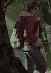  1boy 2others absurdres apron backpack bag black_eyes black_hair blood_from_forehead commissioner_insert cowboy_shot crowbar empty_eyes faceless flashlight highres holding holding_crowbar holding_flashlight hood hood_down hoodie imminent_attack implied_death looking_at_another multiple_others open_mouth original out_of_frame red_hoodie shadow shirt shirt_tug short_hair silverheather tendril walking white_shirt worried 