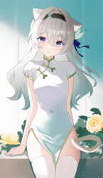  absurdres alternate_costume animal_ear_fluff animal_ears black_bow black_hairband blue_eyes bow breasts cat_ears cat_tail china_dress chinese_clothes commentary covered_navel dress female firefly_(honkai:_star_rail) gradient_hair green_hair grey_hair hair_between_eyes hairband hairbow highres honkai:_star_rail honkai_(series) kemonomimi_mode light_blush looking_at_viewer multicolored_eyes multicolored_hair parted_lips purple_eyes small_breasts solo tail thighhighs thighs two-tone_eyes usagi_(786113654) white_dress white_thighhighs 