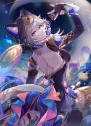  :3 animal_ear_fluff animal_ears artist_name backless_jacket black_gloves black_jacket blue_eyes cat_ears cat_girl cat_tail cipher_(honkai:_star_rail) coin csyday female fingerless_gloves from_behind gloves gold_coin grey_hair highres honkai:_star_rail honkai_(series) hood hood_up hooded_jacket jacket long_sleeves looking_at_viewer looking_back solo tail tail_through_clothes 