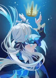  blue_dress blue_eyes blue_hair breasts cerydra_(honkai:_star_rail) commentary crown detached_sleeves dress english_commentary female from_behind highres honkai:_star_rail honkai_(series) long_hair medium_breasts sideboob solo underwater xnoahru 
