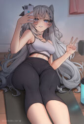  absurdres akaharuu black_leggings breasts cleavage collarbone cone_hair_bun double_bun earrings female grey_eyes hair_bun hair_ornament highres holding holding_phone hololive hololive_indonesia jewelry leggings long_hair phone solo sports_bra sweat twitter_username v vestia_zeta virtual_youtuber white_sports_bra yoga_mat 