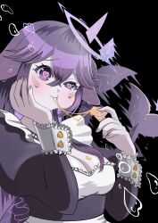  black_dress blush breasts bubble cheese cheese_trail cleavage crossed_bangs dress f_yutaro79 facial_mark female fins fish_tail food hair_between_eyes hand_on_own_cheek hand_on_own_face heart heart-shaped_pupils highres indie_virtual_youtuber long_hair maid megalodon_(vtuber) motion_blur pink_pupils purple_eyes purple_nails shark_girl shark_tail symbol-shaped_pupils tail upper_body virtual_youtuber whisker_markings 