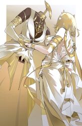  absurdres aglaea_(honkai:_star_rail) backless_dress backless_outfit bare_shoulders blonde_hair bracelet breasts buri_(retty9349) commentary dress female garmentmaker_(honkai:_star_rail) highres honkai:_star_rail honkai_(series) jewelry medium_breasts short_hair standing white_dress 