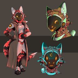  2025 blank_expression cheek_tuft cybernetics cyborg digital_media_(artwork) digital_painting_(artwork) emoticon facial_tuft female fluffy fur hand_on_butt hitherto inner_ear_fluff machine multicolored_body multicolored_fur overcoat painting_(artwork) portrait protogen protogen_armor protogen_face protogen_visor red_body simple_background smile solo tongue tongue_out tuft 
