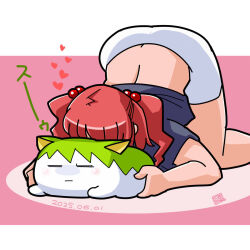  2girls barefoot blue_shirt commentary_request cookie_(touhou) dated diyusi_(cookie) female full_body gloom_(expression) hair_bobbles hair_ornament heart highres hug itini-sanshi multiple_girls onozuka_komachi pink_background red_hair seiza shirt shishou_(cookie) short_sleeves shorts sitting solo sukusuku_hakutaku touhou two-tone_background two_side_up white_background white_shorts 