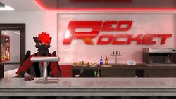  3d anthro anthro_only bar black_beak black_fur clothing fur furry furry_only green_eyes gryphon looking_at_viewer red_hair red_markings red_rocket_(restaurant) restaurant rexouium smiling tagme thatonegryphon twitter url vr_media vrchat vrchat_avatar 