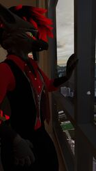  3d anthro anthro_only black_beak black_fur clothing fur furry furry_only gryphon looking_away looking_out_window red_markings rexouium tagme thatonegryphon twitter vr_media vrchat vrchat_avatar 