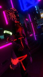  3d anthro anthro_only black_beak black_fur clothing cyberpunk fur furry furry_only gryphon red_hair red_markings rexouium tagme thatonegryphon twitter vr_media vrchat vrchat_avatar 