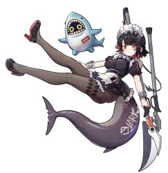  abaaaaaaa apron ass bangboo_(zenless_zone_zero) black_dress black_footwear black_hair black_pantyhose breasts colored_inner_hair dress ellen_joe feet_up female fins fish_tail floating full_body high_heels highres holding holding_polearm holding_weapon looking_at_viewer maid maid_headdress medium_breasts metal_hairband mole mole_under_eye multicolored_hair oerba_yun_fang pantyhose polearm puffy_short_sleeves puffy_sleeves red_eyes red_hair scar scar_on_tail shark_girl shark_tail sharkboo_(zenless_zone_zero) short_dress short_hair short_sleeves skin_fang solo spiked_headband tail waist_apron weapon white_apron white_background wrist_cuffs zenless_zone_zero 