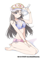  ;) arm_up atelier_(series) atelier_resleriana atelier_totori barefoot bikini bracelet breasts brown_eyes brown_hair cleavage closed_mouth commentary_request copyright_notice female flask full_body hand_on_own_leg hat hayashi_kewi holding holding_flask jewelry liquid long_hair looking_at_viewer navel official_alternate_costume official_art one_eye_closed second-party_source side-tie_bikini_bottom simple_background sitting small_breasts smile solo swimsuit totooria_helmold white_background 