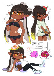  :p alternate_skin_color bikini black_bikini black_hair blonde_hair bow-shaped_hair bracelet callie_(splatoon) closed_eyes commentary_request coula_cat cross-shaped_pupils dark-skinned_female dark_skin earrings female flying_sweatdrops frilled_bikini frills gradient_hair hair_behind_ear highres hoop_earrings inkling jewelry mole mole_under_eye multicolored_hair multiple_views navel open_mouth orange_eyes pointy_ears shirt shirt_tug short_sleeves splatoon_(series) splatoon_3 stomach sweat swimsuit symbol-shaped_pupils tan tanlines tentacle_hair thick_eyebrows tongue tongue_out translation_request twintails two-tone_hair watermark white_shirt 