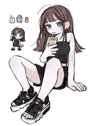  :&lt; absurdres bare_shoulders black_camisole black_footwear black_shorts brown_hair camisole closed_mouth drinking_straw drinking_straw_in_mouth female full_body highres holding holding_juice_box juice_box long_hair looking_at_viewer multiple_views original sandals shorts simple_background sitting white_background yunoki_itsugu 