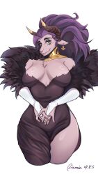  black_dress breasts cthulhu_mythos dress extra_eyes female furry furry_female goat_girl goat_horns green_eyes highres horns large_breasts long_hair looking_at_viewer piemia1111 purple_hair rhok&#039;zan side_slit solo 