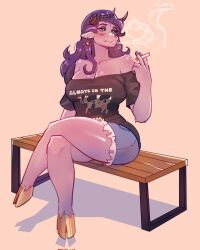  black_shirt breasts cthulhu_mythos denim denim_shorts female furry furry_female green_eyes highres hooves large_breasts long_hair purple_hair rhok&#039;zan shirt shorts sitting smoking solo sucker_for_love sucker_for_love:_date_to_die_for warl_granada 