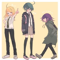  2boys absurdres ahoge akamatsu_kaede animal_bag black_pants black_thighhighs blue_hair blush border brown_skirt cat_bag collared_shirt cosplay crossdressing danganronpa_(series) danganronpa_2:_goodbye_despair danganronpa_v3:_killing_harmony female flipped_hair full_body green_jacket green_necktie hair_between_eyes hair_ornament hands_in_pockets highres hinata_hajime hinata_hajime_(cosplay) hood hooded_jacket jacket komaeda_nagito komaeda_nagito_(cosplay) long_hair long_sleeves looking_at_viewer medium_hair multiple_boys musical_note musical_note_hair_ornament nanami_chiaki nanami_chiaki_(cosplay) neck_ribbon necktie oma_kokichi open_clothes open_mouth pants pink_bag pink_ribbon pointing profile purple_eyes purple_hair ribbon saihara_shuichi school_uniform shirt shoes short_hair simple_background skirt smile sneakers standing thighhighs translation_request tumai_(touue11) white_border white_shirt yellow_background yellow_eyes 