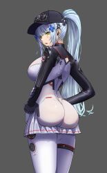  absurdres ass baseball_cap black_bodysuit black_hat blue_hair bodysuit clukay_(neural_cloud) cross_hair_ornament female girls&#039;_frontline_2:_exilium green_eyes hair_ornament hat highres kepra_iii light_blue_hair long_hair multicolored_bodysuit multicolored_clothes ponytail solo standing tattoo teardrop_facial_mark teardrop_tattoo very_long_hair white_bodysuit 