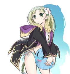  atelier_(series) atelier_lulua ball beachball bikini black_jacket blonde_hair commentary_request cowboy_shot drop_shadow female ficus_finis ficus_finis_(coastal_trickster) flower gold_trim green_eyes hair_flower hair_ornament holding holding_ball holding_beachball hood hood_down jacket karasumi_(aiseec) long_hair long_sleeves looking_to_the_side official_alternate_costume open_clothes open_jacket piana_(atelier) piana_(vivid_two-color)_(atelier) polka_dot polka_dot_bikini puni_(atelier) solo standing swimsuit white_flower 