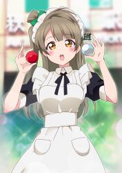  :o absurdres birthday blush breasts commentary_request female grey_hair highres holding looking_at_viewer love_live! love_live!_school_idol_project maid medium_breasts minami_kotori one_side_up signature solo upper_body yellow_eyes zero-theme 