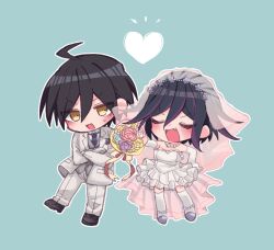  2boys ahoge black_hair blue_background blue_necktie blush bridal_veil bride chibi closed_eyes crossdressing crossed_arms danganronpa_(series) danganronpa_v3:_killing_harmony dress elbow_gloves eyelashes flipped_hair frilled_dress frills full_body gloves groom hair_between_eyes heart highres jewelry long_sleeves male_focus multiple_boys necklace necktie oerba_yun_fang oma_kokichi open_mouth otoko_no_ko outline pearl_anklet pearl_necklace saihara_shuichi short_hair simple_background standing sweatdrop thighhighs tumai_(touue11) veil wedding_dress white_dress white_gloves white_outline white_thighhighs yaoi yellow_eyes 