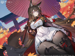  absurdres amagi_(azur_lane) amagi_(cv)_(azur_lane) animal_ear_fluff animal_ears autumn_leaves azur_lane black_gloves black_pantyhose brown_hair buttons female fox_ears fox_girl fox_tail gloves hair_ornament highres hikimayu holding holding_umbrella kikimi kitsune long_hair long_sleeves looking_at_viewer official_alternate_costume official_art oil-paper_umbrella pantyhose parted_lips pleated_skirt purple_eyes second-party_source skirt solo tail thigh_gap torii umbrella very_long_hair white_skirt 