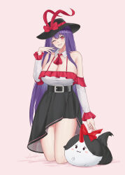  absurdres aroevela belt black_belt black_hat black_skirt breasts cleavage female hat highres looking_at_viewer nagae_iku purple_hair red_eyes skirt smile solo touhou 