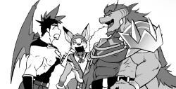  abs amorey anothereidos_of_dragon_vein_r anthro armor bandana barboros_(anothereidos_r) canid canine fox gaia_(anothereidos_r) group hair hi_res hybrid kerchief kobold long_hair male mammal muscular muscular_male nipples pauldron pecs quiver_(object) samoji side_view trio 