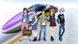  2boys 3girls archived_source ayanami_rei bag blue_hair brown_hair casual cosplay denim denim_jacket eva_01 eva_01_(cosplay) grey_hair highres holding holding_bag hood hoodie ikari_shinji jacket jeans looking_at_viewer makinami_mari_illustrious multiple_boys multiple_girls nagisa_kaworu neon_genesis_evangelion official_art orange_hair pants plaid plaid_shirt promotional_art rebuild_of_evangelion sachiel_(evangelion) shinkansen shirt souryuu_asuka_langley stuffed_toy themed_object 