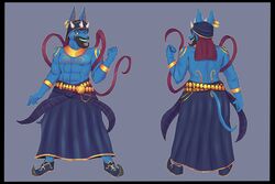  3:2 absurd_res anthro anubian_jackal arabian arabian_clothing beard boiful canid canine canis crosshair_eyes deity ear_piercing ear_ring evil_grin facial_hair genie hi_res horn jackal jewelry kulipto male mammal markings model_sheet piercing pointy_shoes qualuon ring_piercing smile solo 