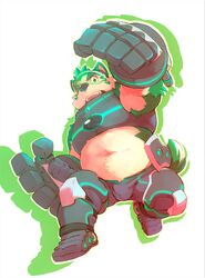  absurd_res anthro armor belly bulge canid canine canis clothing domestic_dog fur gauntlets gloves green_body green_fur handwear heylaw21 hi_res lifewonders live_a_hero male mammal mokdai navel slightly_chubby solo superhero visor 