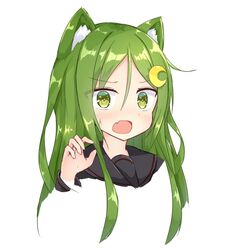  animal_ears black_serafuku cat_ears crescent crescent_hair_ornament cropped_torso female green_eyes green_hair hair_ornament kantai_collection long_hair looking_at_viewer nagatsuki_(kancolle) oerba_yun_fang school_uniform serafuku simple_background skin_fang solo upper_body white_background yamato_tachibana 