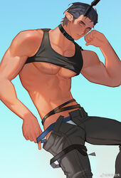  1boy abs absurdres arknights bara black_hair black_tank_top collar demon_horns flamebringer_(arknights) highres horns jockstrap large_pectorals male_focus male_underwear male_underwear_peek male_underwear_pull muscular muscular_male nipples open_pants orange_eyes pants pectorals pointy_ears pulling_own_clothes short_hair sideburns single_horn solo stomach tank_top thick_eyebrows underpec underwear white_male_underwear xiedaifenshi_(7329016845) 