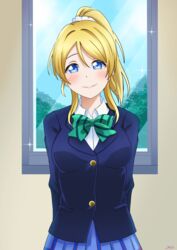  absurdres arms_behind_back ayase_eli blonde_hair blue_eyes blue_jacket blush bow bowtie breasts collared_shirt commentary dated_commentary female green_bow green_bowtie highres jacket jamu2838 large_breasts long_hair looking_at_viewer love_live! love_live!_school_idol_project otonokizaka_school_uniform ponytail school_uniform scrunchie shirt smile solo tree white_scrunchie white_shirt window 