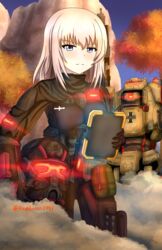  1other autumn_leaves black_gloves black_headwear black_pants black_shirt blue_eyes blue_sky blush body_armor clear_sky closed_mouth commentary cosplay crossover day emblem feet_out_of_frame female frown girls_und_panzer gloves glowing glowing_eye grapple_pilot_(titanfall_2) grey_hair helmet highres holding holding_helmet holding_notebook insignia itsumi_erika kuromorimine_(emblem) light_blush long_hair looking_at_viewer mecha medium_hair military military_vehicle monarch_(titanfall_2) notebook one-eyed outdoors pants parody pilot_(titanfall_2) pilot_(titanfall_2)_(cosplay) pouch red_eyes redbaron robot science_fiction shirt sky standing steam titan_(titanfall) titanfall_(series) titanfall_2 tree twitter_username unworn_headwear unworn_helmet upper_body 