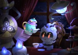  aegislash chair commentary_request cup eye_contact floating holding holding_cup indoors lampent litwick looking_at_another marshadow marshadow_(gloom) mobbbt night night_sky no_humans poke_bean poke_puff pokeblock pokemon pokemon_(creature) polteageist saucer sky table tea_party teacup window 