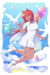  :d balloon bird black_horns blue_sky bow breasts closed_eyes cloud dark-skinned_female dark_skin dress female hairbow high_heels highres horns kaika_(mountain_of_heaven) long_hair medium_breasts mita_(matsuri68) oerba_yun_fang pixiv_fantasia pixiv_fantasia_mountain_of_heaven red_hair sky smile solo white_bow white_dress white_footwear 