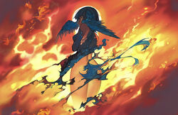  absurdres bare_shoulders bird_girl bird_tail bird_wings blue_dress blue_eyes blue_hair burning burning_clothes chinese_commentary commentary dress eboda-x feathered_wings feet_out_of_frame female final_fantasy final_fantasy_xiv fire from_behind half-closed_eyes head_wings highres looking_at_viewer looking_back meteion self_hug short_hair solo standing sun tail wings 