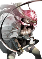  absurdres action bad_id bad_pixiv_id belt black_skirt blood blood_on_clothes blood_on_face blurry breasts cleavage demon_slayer_uniform depth_of_field feet_out_of_frame female floating_hair gloves green_hair green_thighhighs hair_down hair_over_one_eye haori highres holding holding_sword holding_weapon japanese_clothes kanroji_mitsuri kimetsu_no_yaiba large_breasts long_hair long_sleeves looking_at_viewer mau_sakura miniskirt multicolored_hair pink_hair pleated_skirt shaded_face simple_background skirt solo standing streaked_hair sword thighhighs two-tone_hair unbuttoned uniform weapon whip_sword white_background white_gloves 